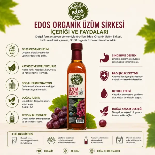 Edos Organik Üzüm Sirkesi 500 ml içindekiler listesi ve kullanım bilgisi