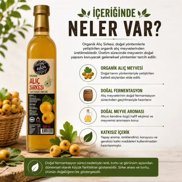 Edos Organik Alıç Sirkesi 500 ml içindekiler listesi ve kullanım bilgisi