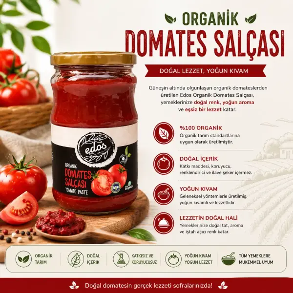 Edos Organik Domates Salçası 660 cc içindekiler listesi ve kullanım bilgisi