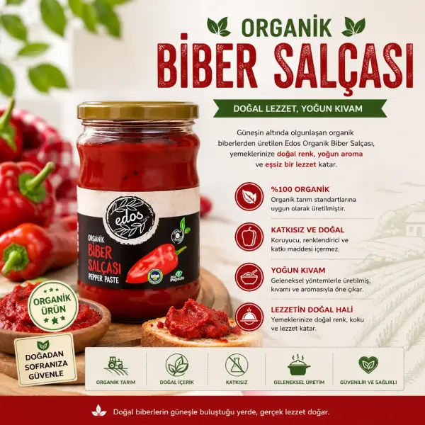 Edos Organik Tatlı Biber Salçası 660 cc içindekiler listesi ve kullanım bilgisi