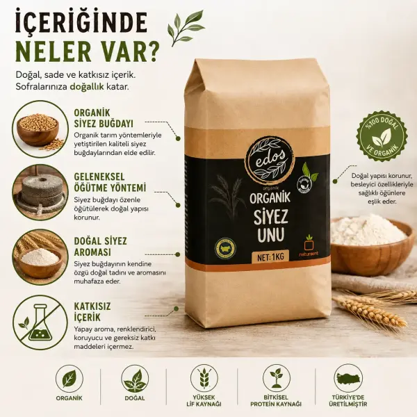 Edos Organik Siyez Unu 1 Kg içindekiler listesi ve kullanım bilgisi