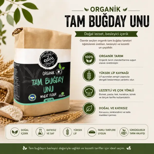 Edos Organik Tam Buğday Unu 1 Kg içindekiler listesi ve kullanım bilgisi