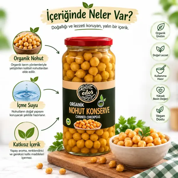 Edos Organik Nohut Konserve 580 gr içindekiler listesi ve kullanım bilgisi