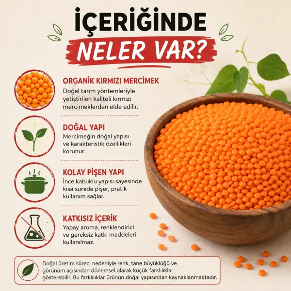 Edos Organik Kırmızı Mercimek 1 Kg içindekiler listesi ve kullanım bilgisi