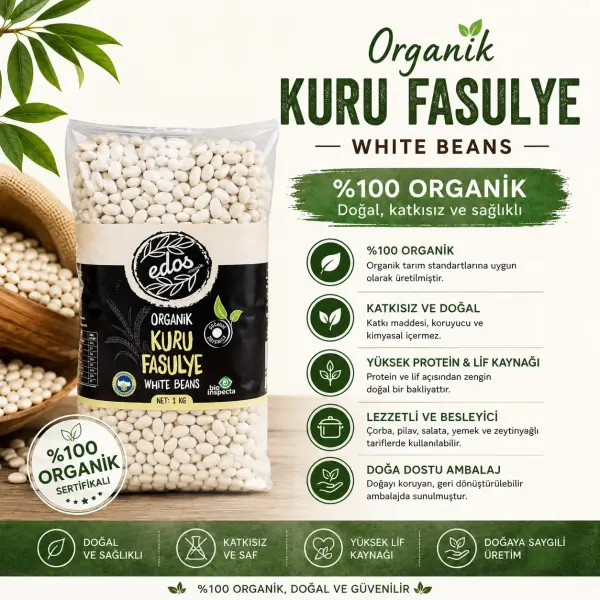 Edos Organik Kuru Fasulye 1 Kg içindekiler listesi ve kullanım bilgisi
