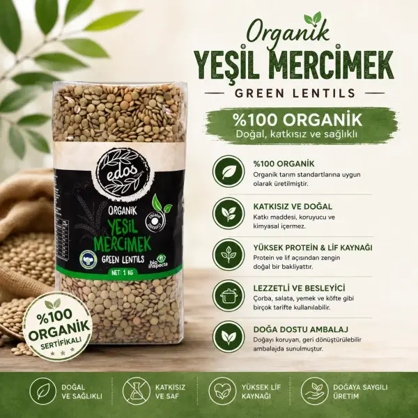 Edos Organik Yeşil Mercimek 1 Kg içindekiler listesi ve kullanım bilgisi