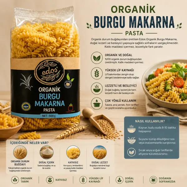 Edos Organik Burgu Makarna 500 gr içindekiler listesi ve kullanım bilgisi