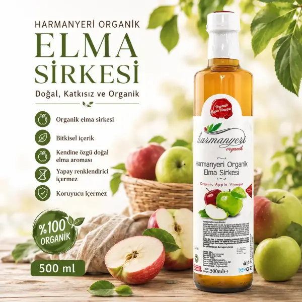Harmanyeri Organik Elma Sirkesi 500 ml içindekiler listesi ve kullanım bilgisi