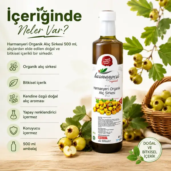 Harmanyeri Organik Alıç Sirkesi 500 ml içindekiler listesi ve kullanım bilgisi