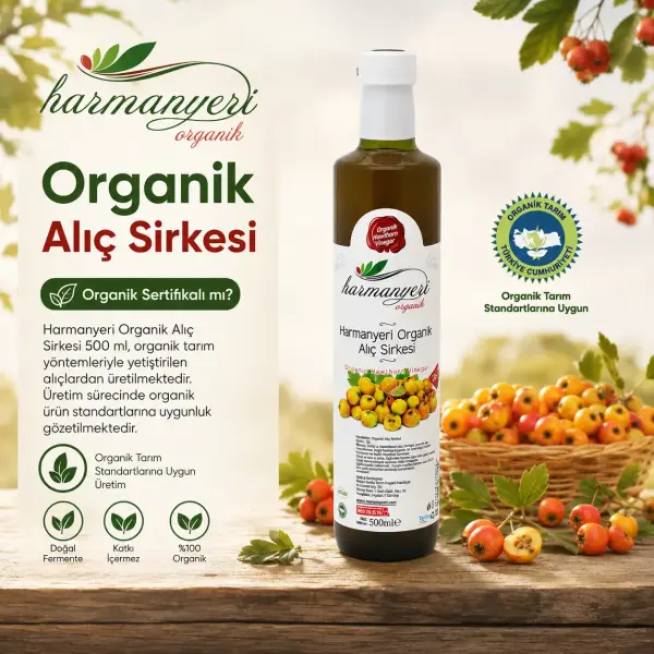 Harmanyeri Organik Alıç Sirkesi 500 ml sertifika ve içerik bilgisi