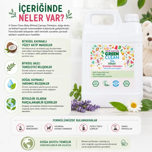 U Green Clean Baby Bitkisel Çamaşır Deterjanı 5 L içindekiler listesi ve kullanım bilgisi