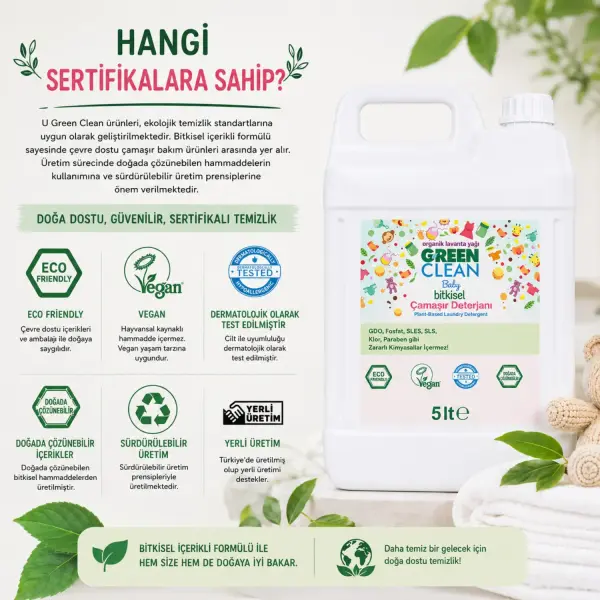 U Green Clean Baby Bitkisel Çamaşır Deterjanı 5 L sertifika ve içerik bilgisi