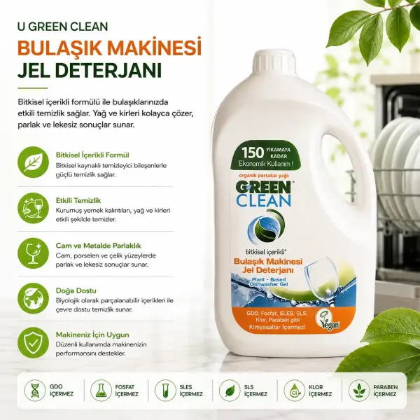 U Green Clean Bitkisel Bulaşık Makinesi Jel Deterjanı 3 L ürün görseli