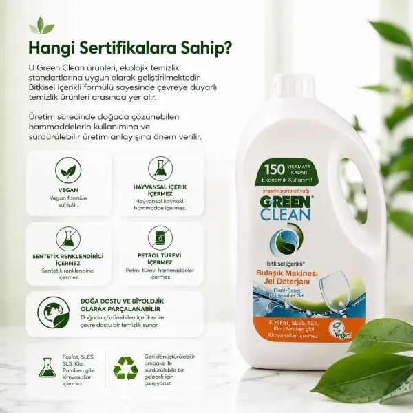 U Green Clean Bitkisel Bulaşık Makinesi Jel Deterjanı 3 L sertifika ve içerik bilgisi