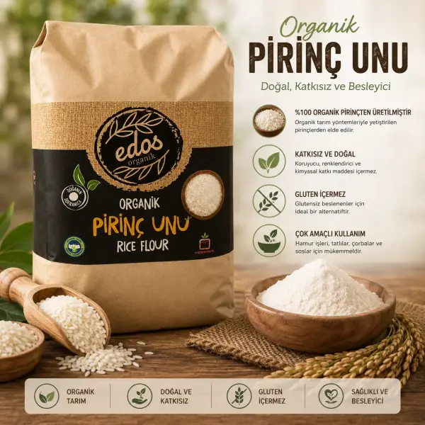 Edos Organik Pirinç Unu 500 gr içindekiler listesi ve kullanım bilgisi