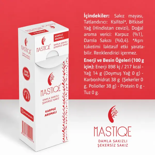 Mastiqe Doğal Karpuz Aromalı Damla Sakızlı Şekersiz Sakız 20 Gr x12 Adet yakın çekim görseli