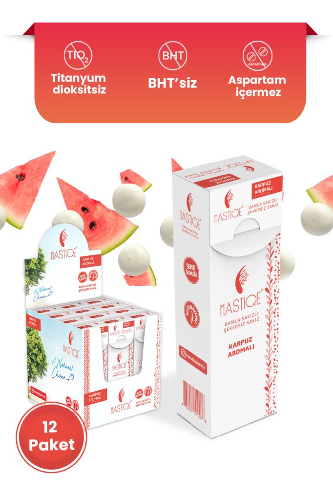 Mastiqe Doğal Karpuz Aromalı Damla Sakızlı Şekersiz Sakız 20 Gr x12 Adet