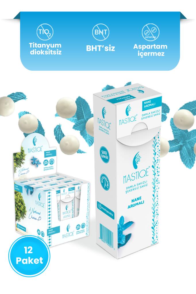 Mastiqe Doğal Nane Aromalı Damla Sakızlı Şekersiz Sakız 20 Grx12 Adet