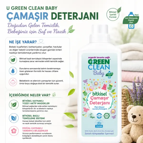 U Green Clean Baby Bitkisel Çamaşır Deterjanı 1 L içindekiler listesi ve kullanım bilgisi
