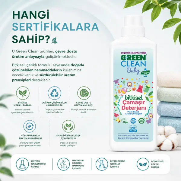 U Green Clean Baby Bitkisel Çamaşır Deterjanı 1 L sertifika ve içerik bilgisi