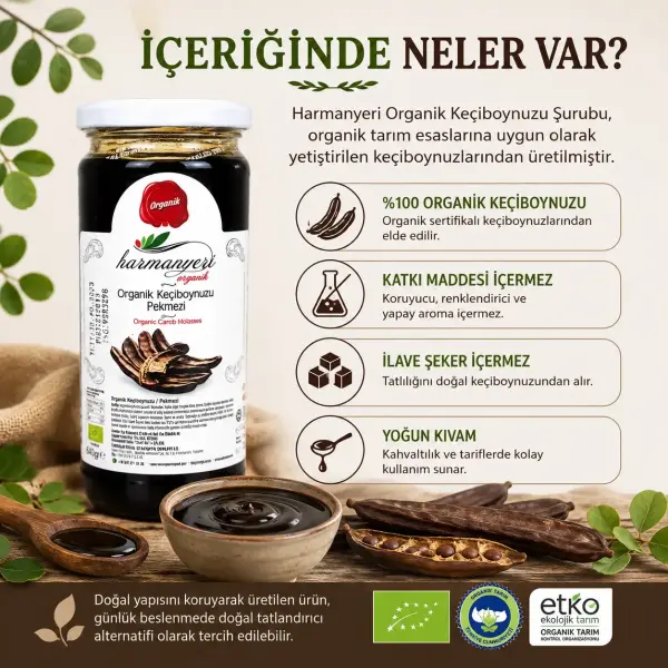 Harmanyeri Organik Keçiboynuzu Pekmezi 620 Gr içindekiler listesi ve kullanım bilgisi