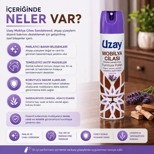 Uzay Mobilya Cilası Lavanta Parfümlü 300 ml içindekiler listesi ve kullanım bilgisi